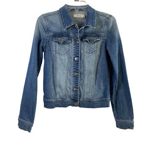 Cello Jean Jacket Womens Medium‎ Button Down Faded Denim Long Sleeve
